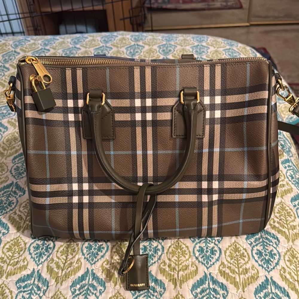 Burberry Brown Plaid Leather Satchel